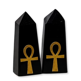 Fekete obszidián obeliszk Ankh - arany