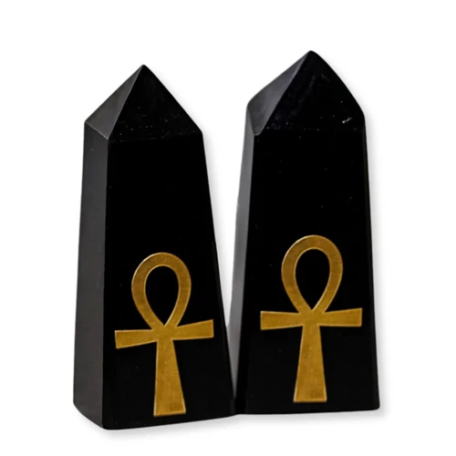 Fekete obszidián obeliszk Ankh - arany