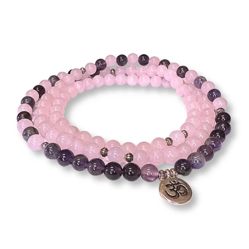 Ametiszt - Rózsakvarc tradicionális mala - OM medállal, 108 szemes